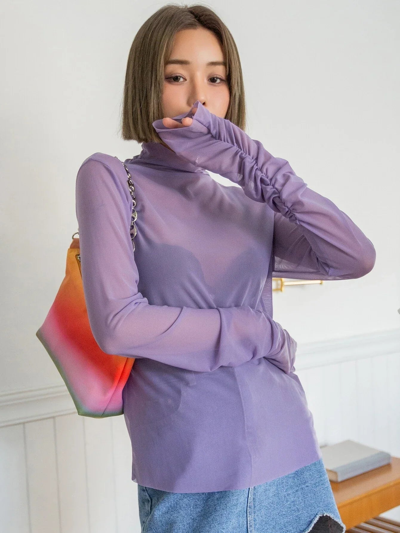 Ruched Sleeve Sheer Top