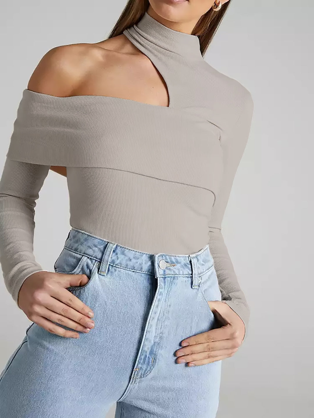Wrapped Shoulder High Neck Rib Top