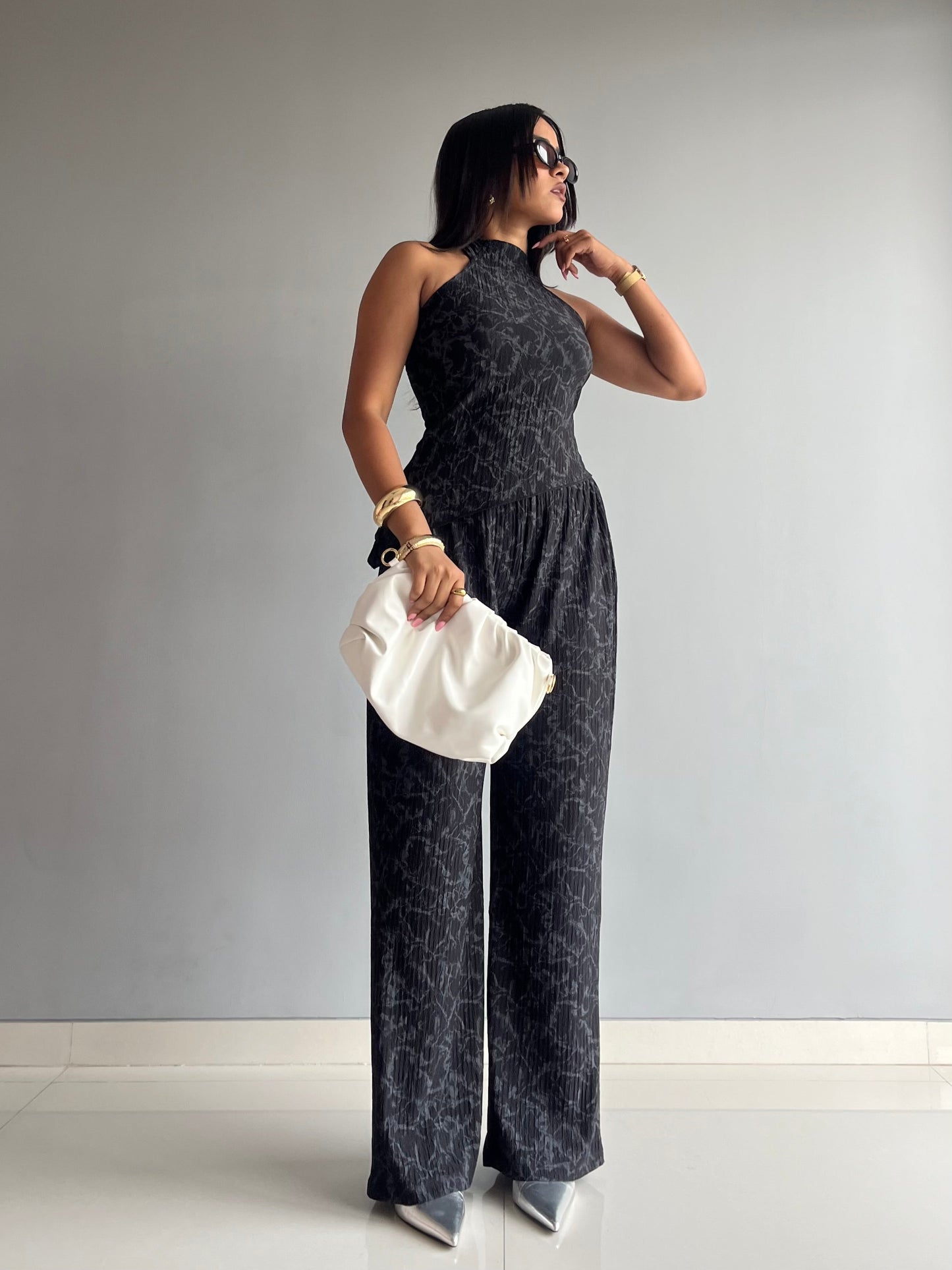 Textured Halter Neck Backless Co-ord Set
