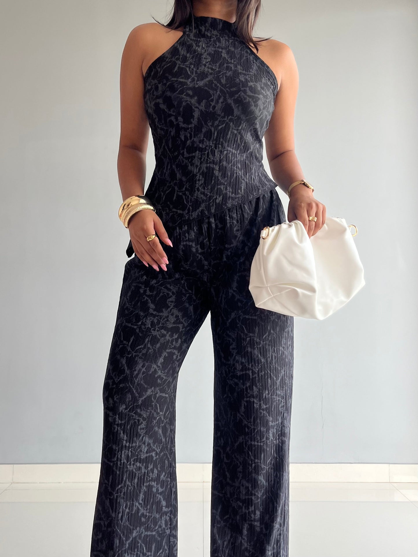 Textured Halter Neck Backless Co-ord Set