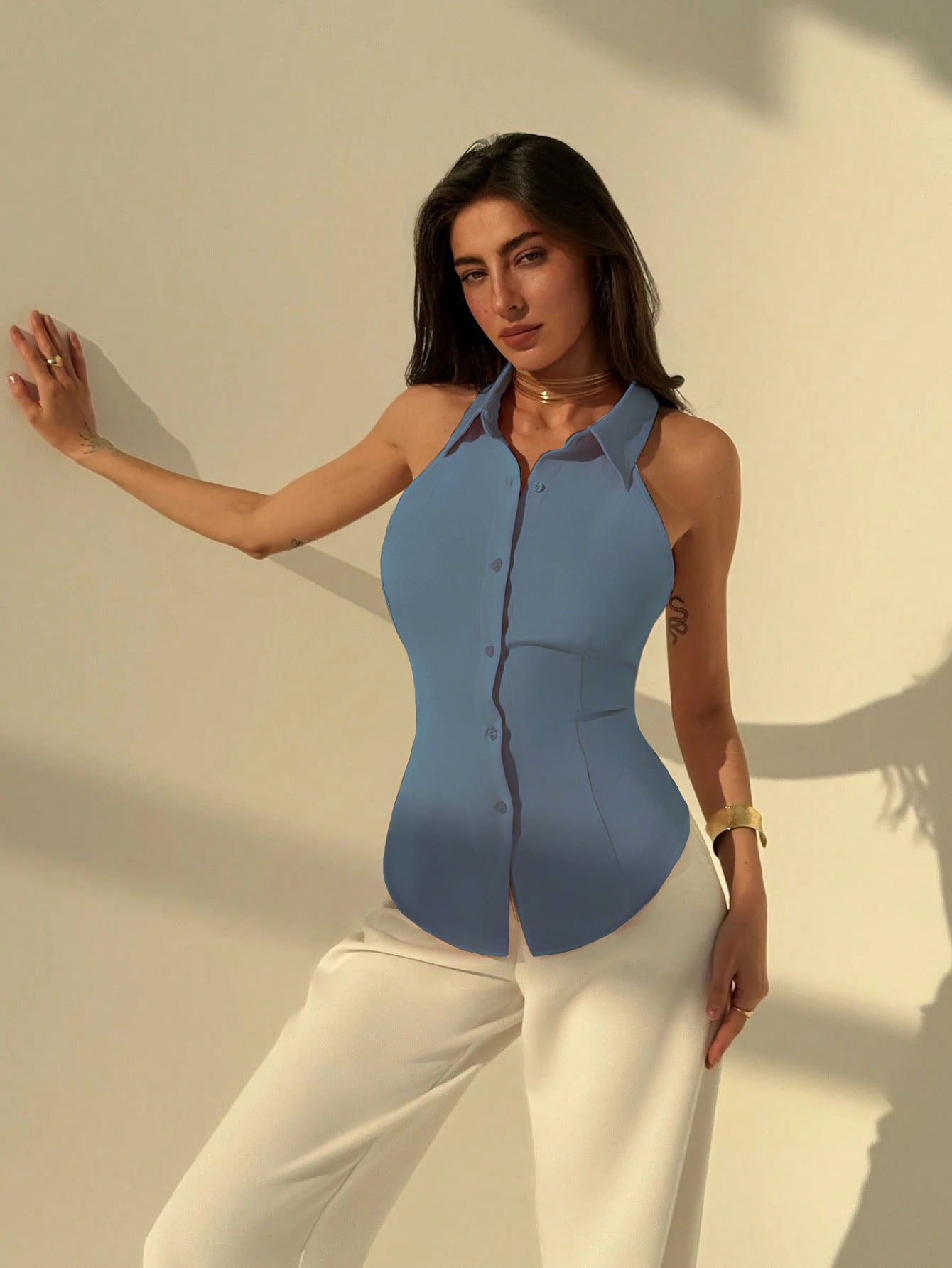 Polo Collar Shirt With Snatch Tie Waist