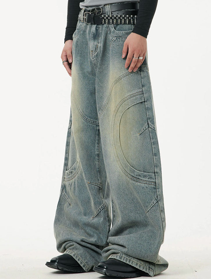 Washed Curved Stitches Wide Leg Jeans