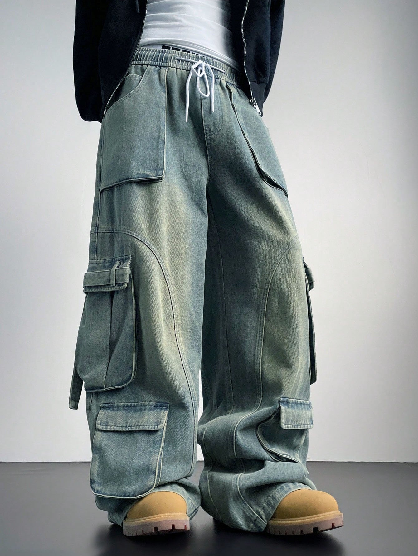 Flex Fit Baggy Wide Leg Cargo Denim Joggers