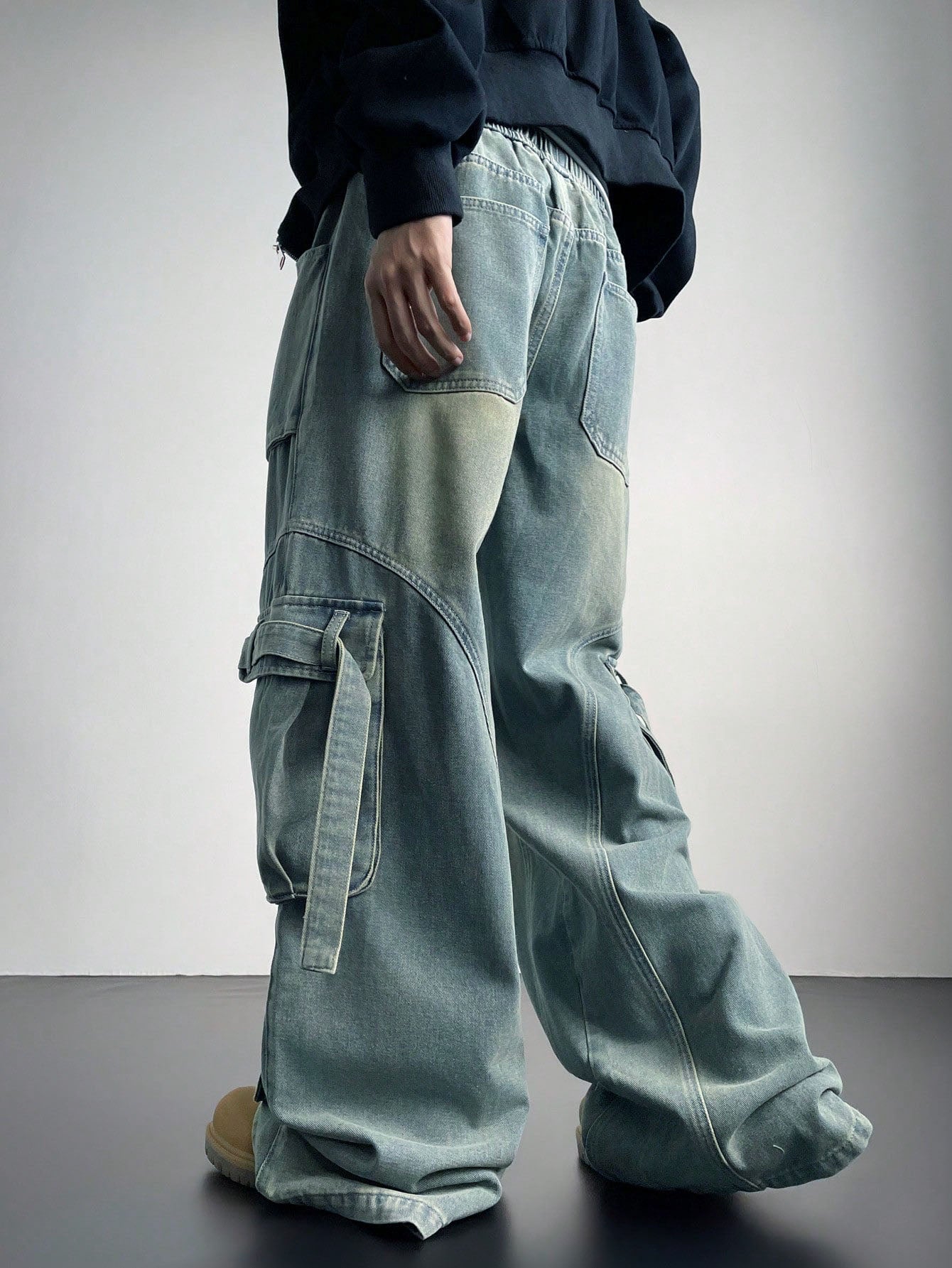 Flex Fit Baggy Wide Leg Cargo Denim Joggers