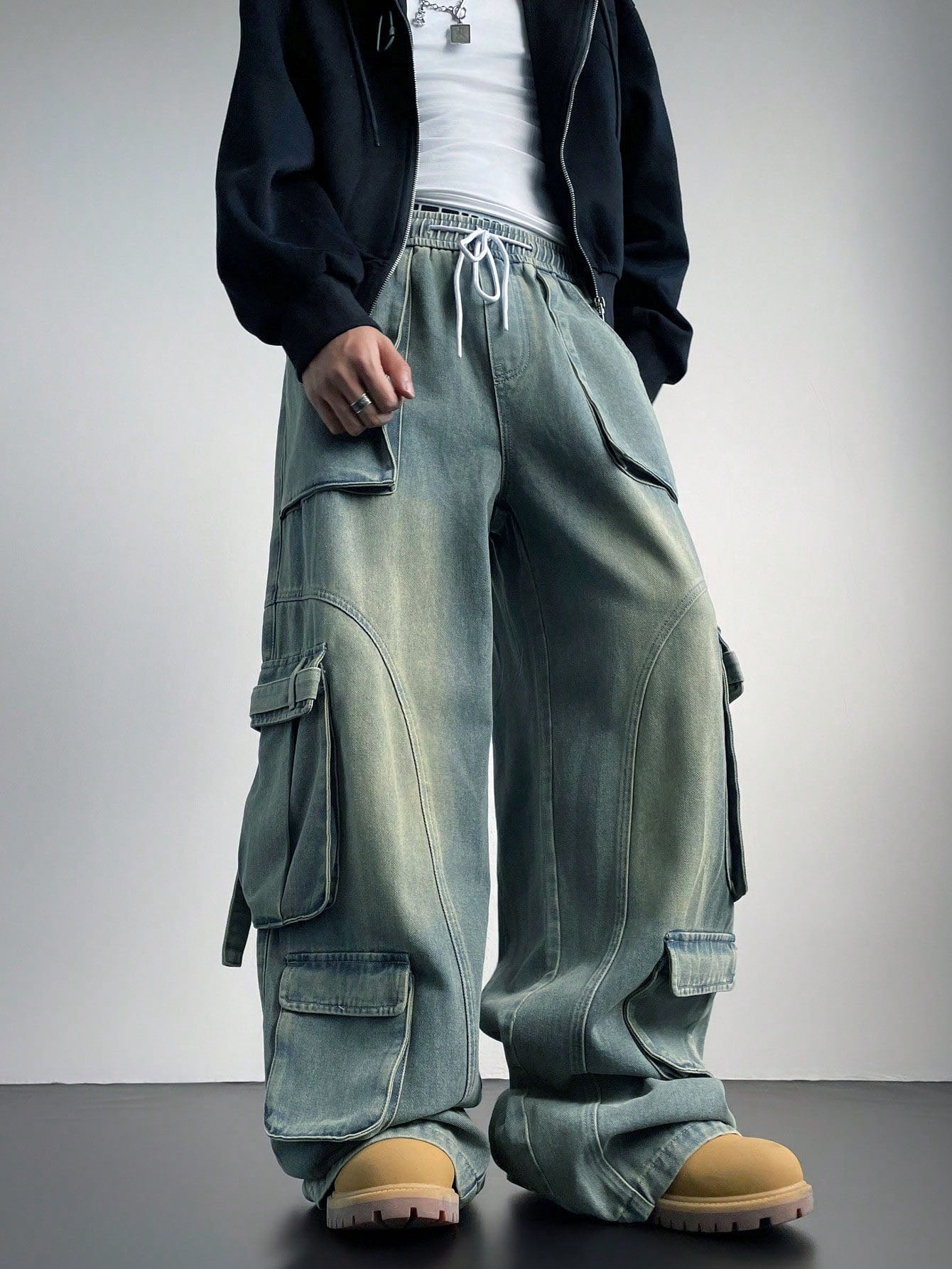 Flex Fit Baggy Wide Leg Cargo Denim Joggers