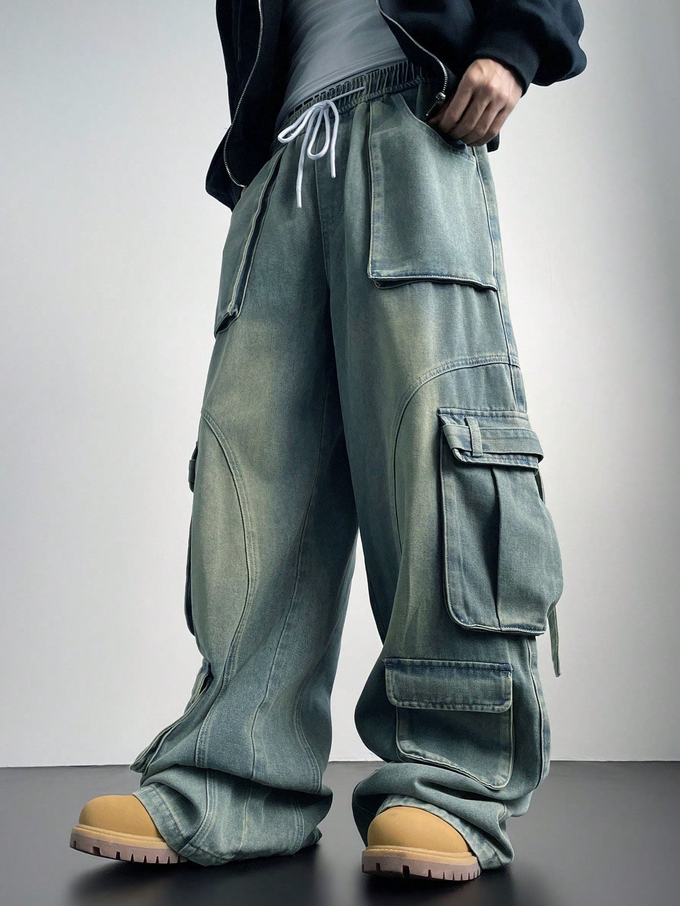 Flex Fit Baggy Wide Leg Cargo Denim Joggers