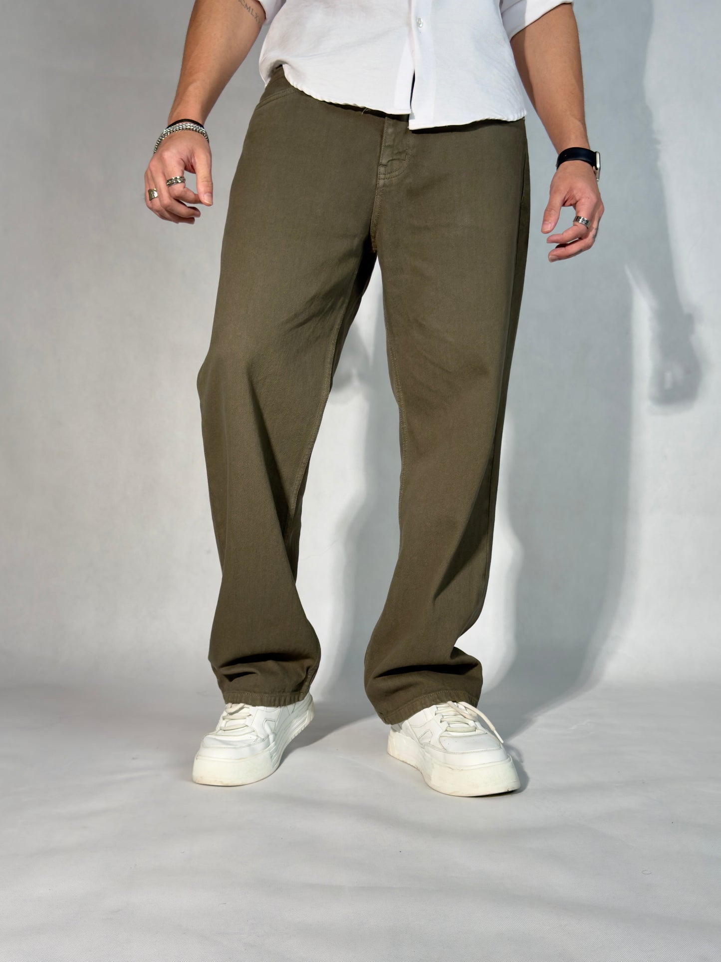 Army Green Baggy Fit Straight Leg Jeans