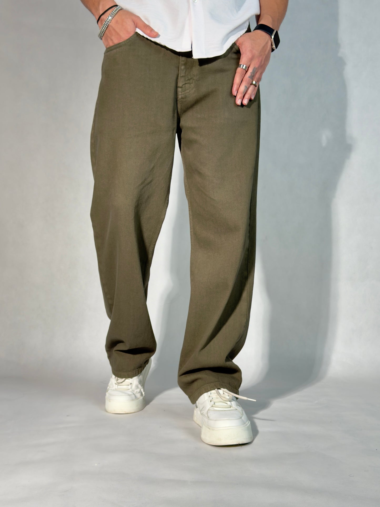 Army Green Baggy Fit Straight Leg Jeans