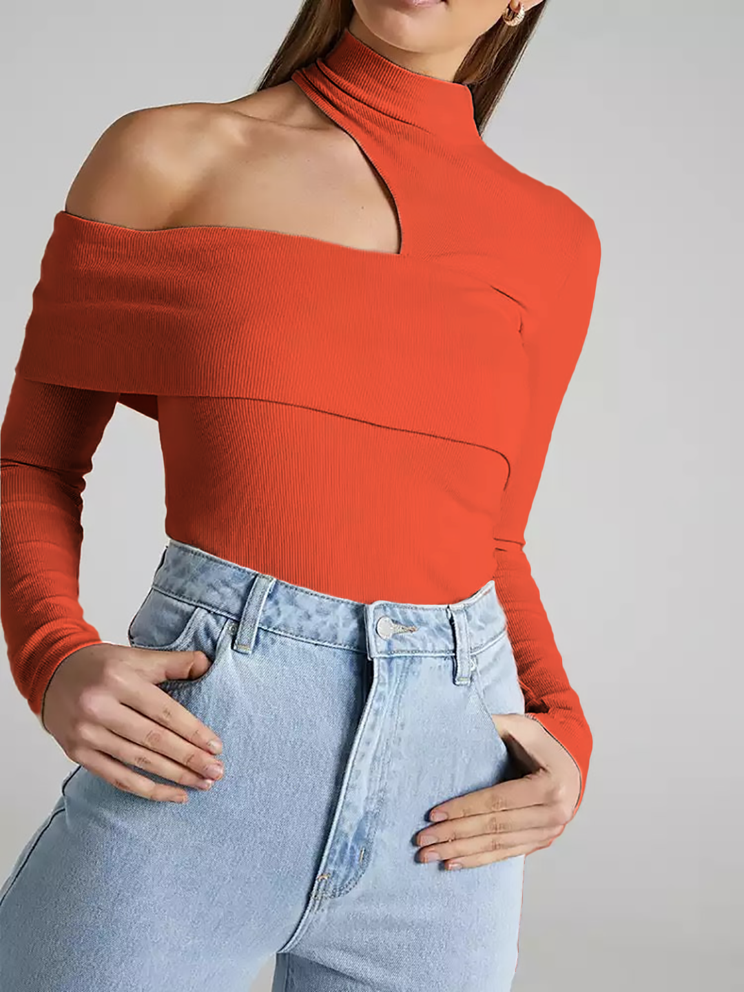 Wrapped Shoulder High Neck Rib Top