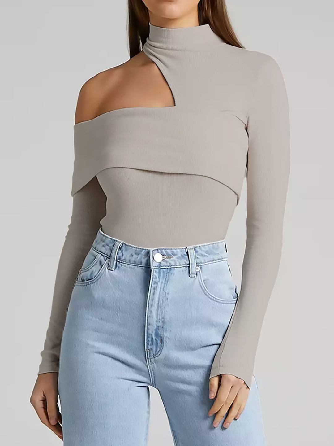 Wrapped Shoulder High Neck Rib Top