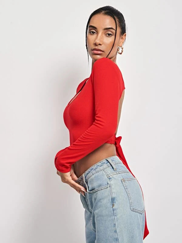 Red Open Tie Back Crop Top