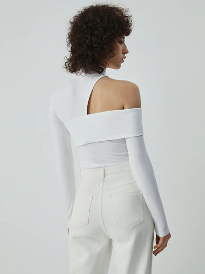 Wrapped Shoulder High Neck Rib Top