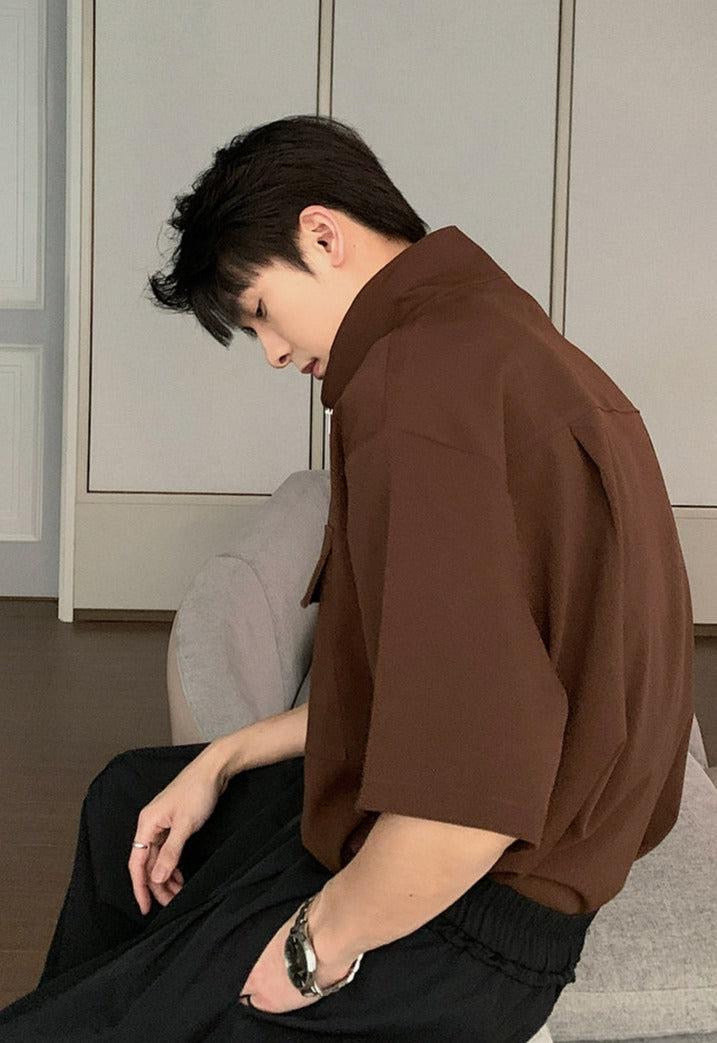 Zip Up High Neck Short Sleeve Shirt
