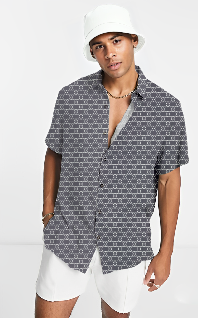 Greyish Blue geometric Print Short Sleeve Shirt