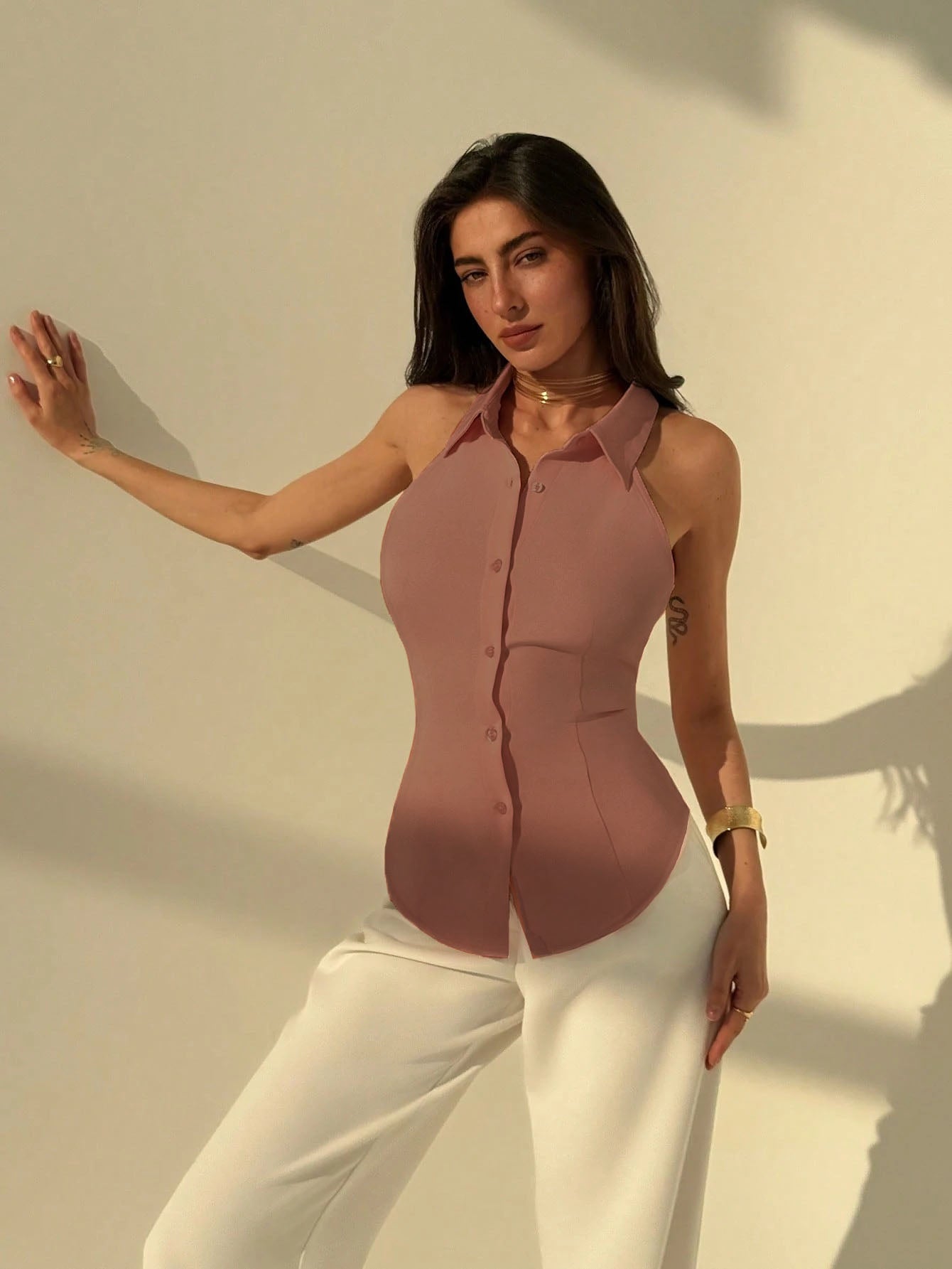 Polo Collar Shirt With Snatch Tie Waist