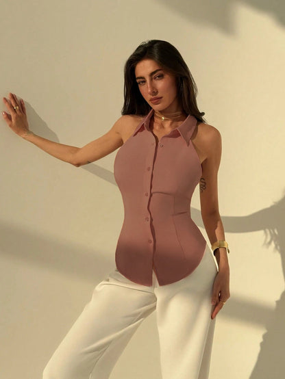 Polo Collar Shirt With Snatch Tie Waist