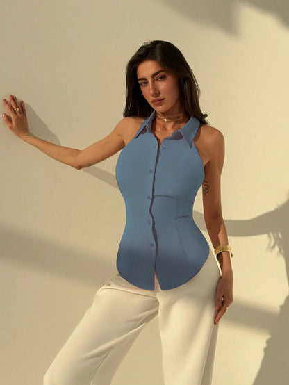 Polo Collar Shirt With Snatch Tie Waist