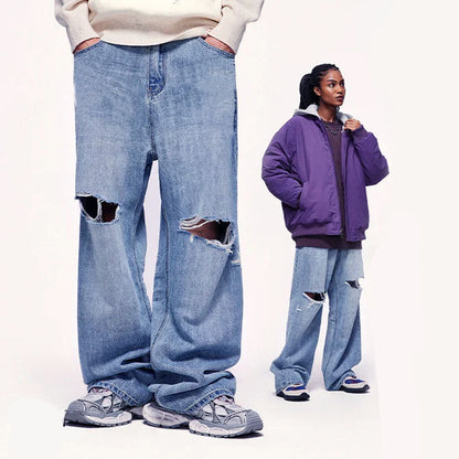 Blue Ripped Wide Leg Jeans