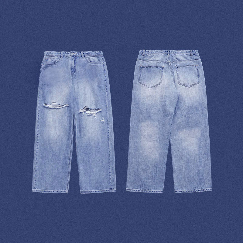Blue Ripped Wide Leg Jeans