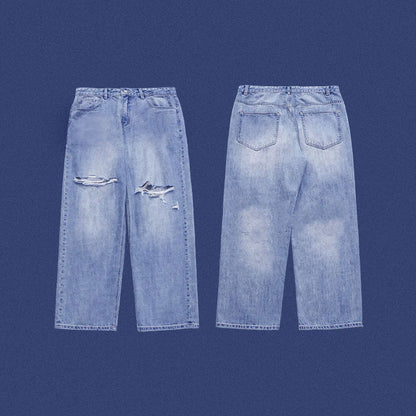 Blue Ripped Wide Leg Jeans