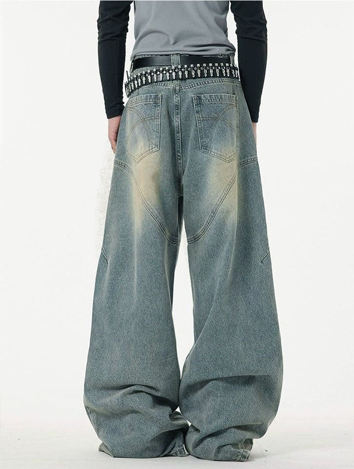 Washed Curved Stitches Wide Leg Jeans