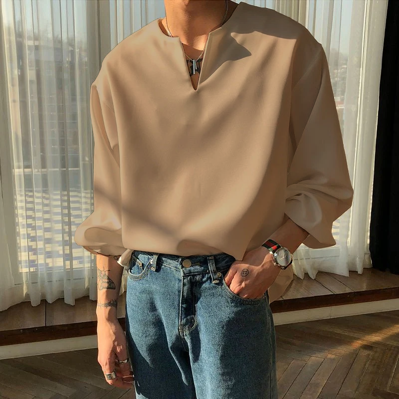 V Neck Cuff Details Long Sleeve Korean Shirt