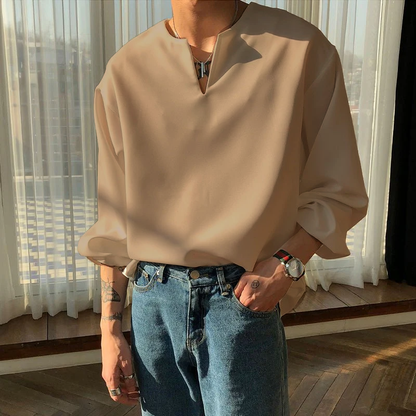 V Neck Cuff Details Long Sleeve Korean Shirt