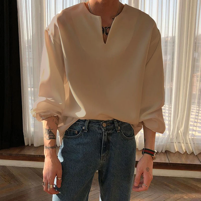 V Neck Cuff Details Long Sleeve Korean Shirt