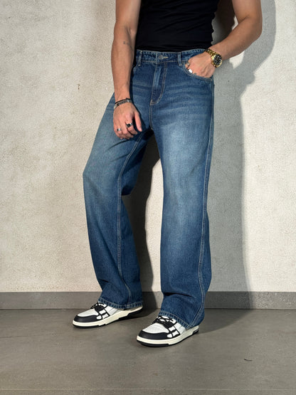 Worn Blue Whisker Wash Loose Straight Fit Jeans